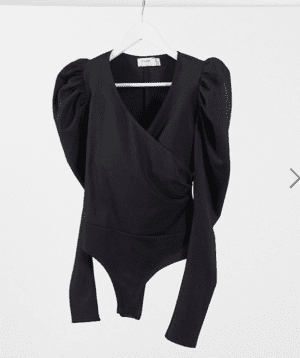 Flounce London wrap front bodysuit with statement sleeve in black